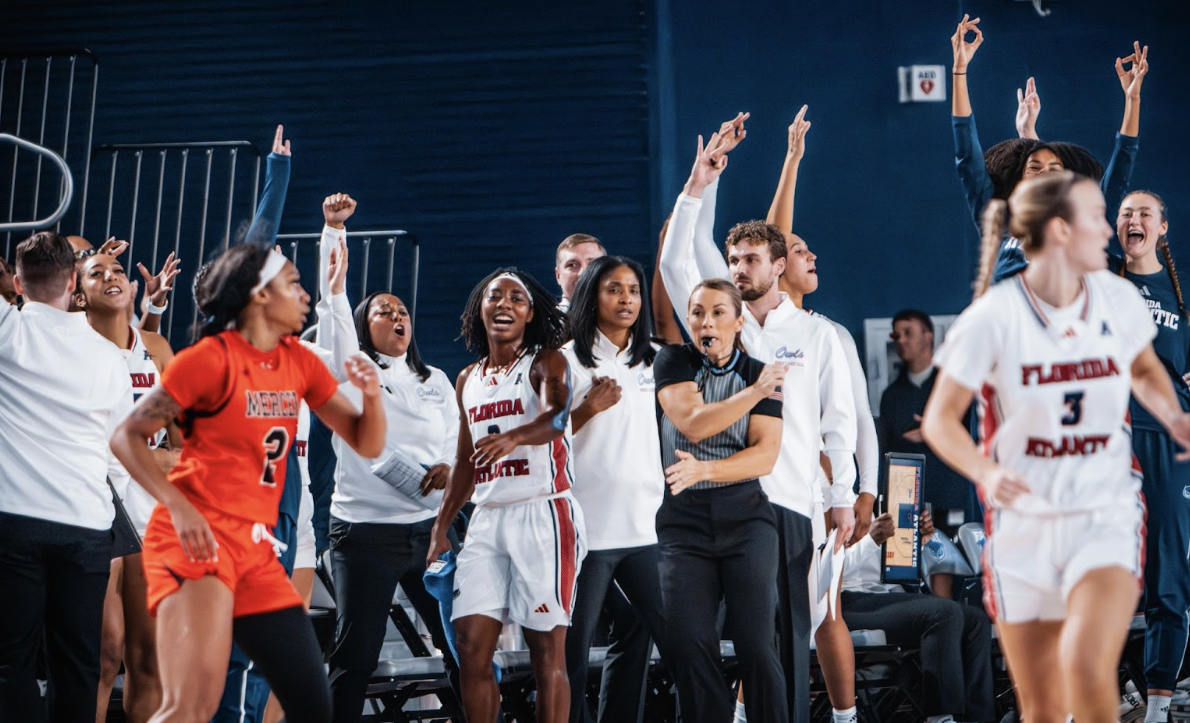 FAU Women’s basketball team’s bench celebrating a three-point shot made in their home opener vs. Mercer 